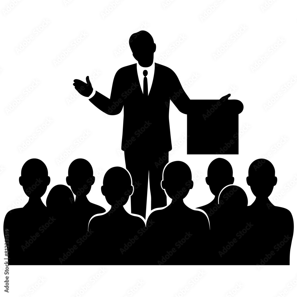 a presenter talking in front of an audience. vector black colour silhouette a presenter talking in front of an audience. vector black colour silhouette