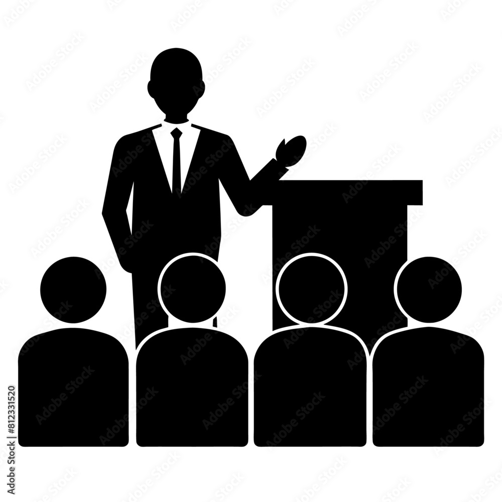 a presenter talking in front of an audience. vector black colour silhouette a presenter talking in front of an audience. vector black colour silhouette