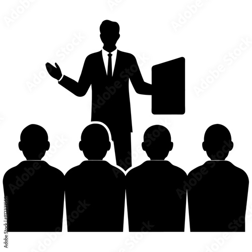 a presenter talking in front of an audience. vector black colour silhouette