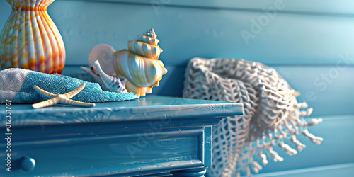 Coastal Inspiration Desk: A desk with sea-inspired decor, complete with a seashell vase and a beach towel, perfect for a creative professional by the ocean. (Blue)  photo