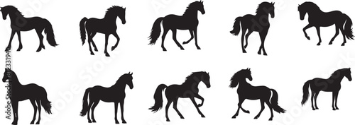 set of silhouettes of horse