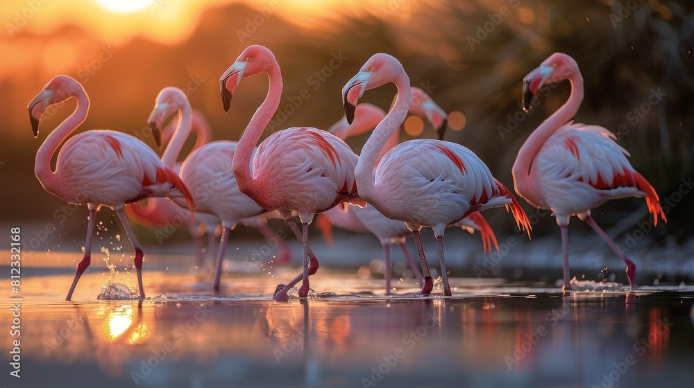 Naklejka premium Colorful flamingos in the water with rippling reflections. 