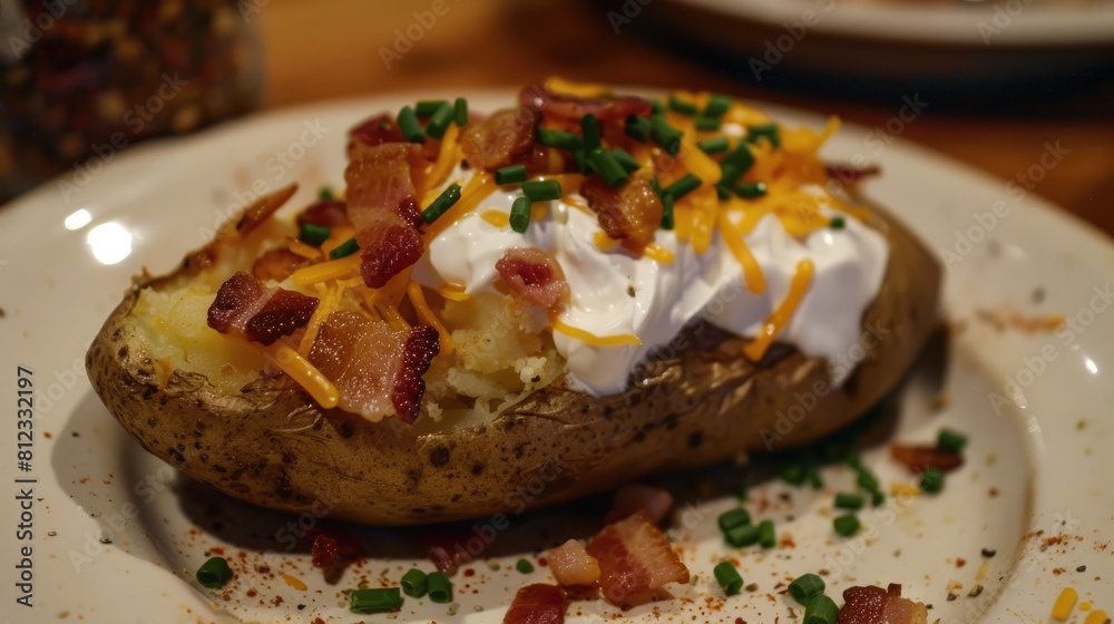 Bacon cheese sour cream and chives topped baked potato