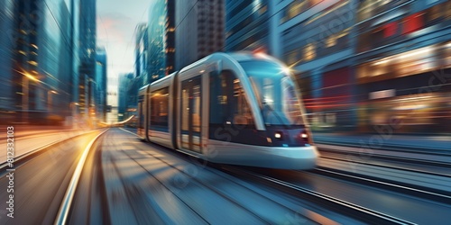 Dynamic image of a modern city tram moving fast through a city with light streaks and urban backdrop © gunzexx png and bg