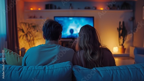 At home, a guy and a woman are seated on the sofa in front of the television.