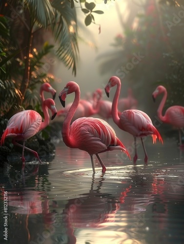 Colorful flamingos in the water with rippling reflections. 