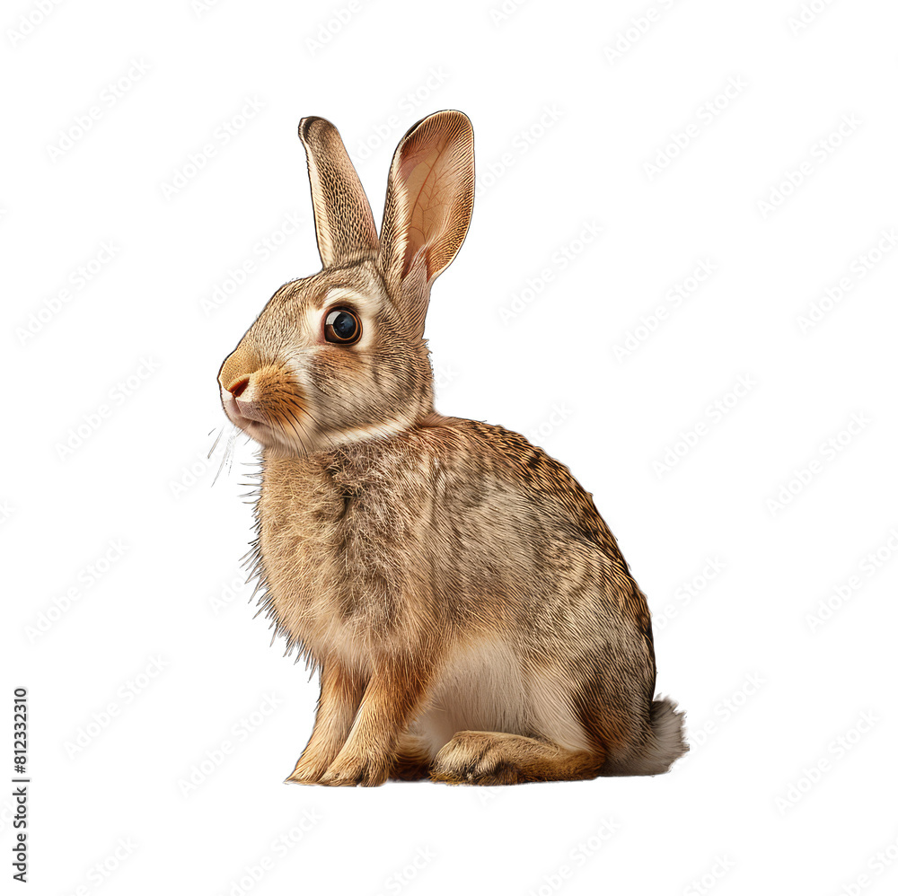 Fototapeta premium A fluffy white pet rabbit with long ears sits alone in a bright studio