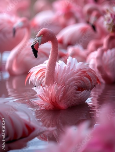 Colorful flamingos in the water with rippling reflections. 