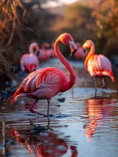 Colorful flamingos in the water with rippling reflections. 