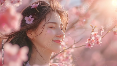 Young Woman Enjoying Spring Cherry Blossoms