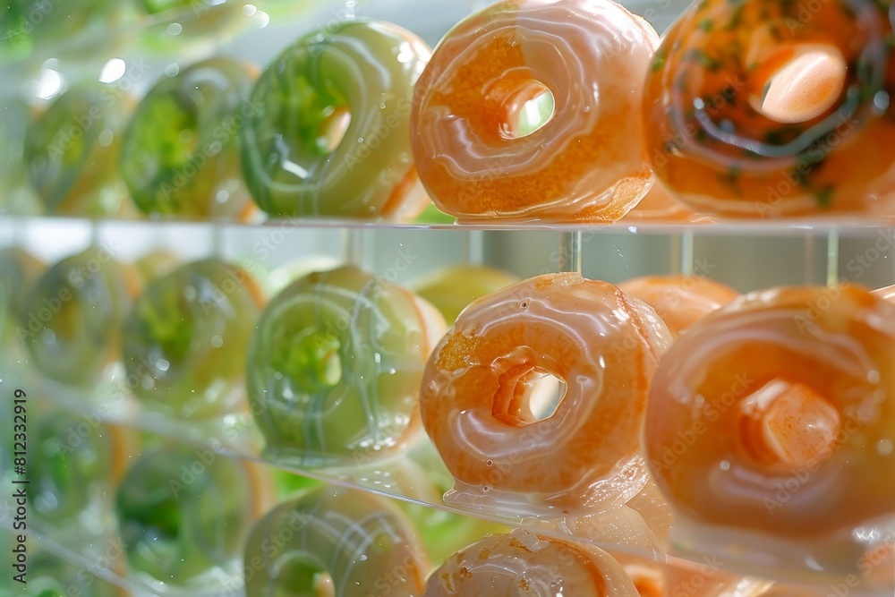 Display of Donuts in Glass Case. Generative AI Display of Donuts in Glass Case. Generative AI