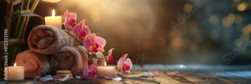 A relaxing spa setting featuring rolled towels, candles, and a sprinkle of flowers on a wooden surface with a warm bokeh background photo
