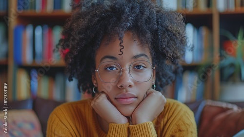 As she completes her schoolwork at home and gets ready for class at the university, a dreamy young African American woman with short hair and curly complexion is pictured.