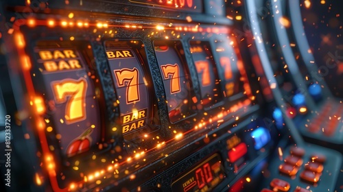 A 3Drendered slot machine with a sleek black finish  surrounded by glowing LED lights in an exclusive highroller casino