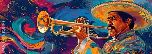 Traditional dress with vivid colours, performed by a mariachi performer on trumpet