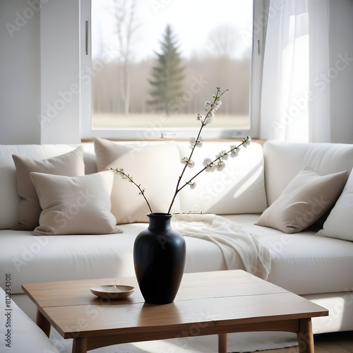 Vase with blossom twig on wooden coffee table near white sofa with pillows against window. Minimalist scandinavian home interior design of modern living room. photo