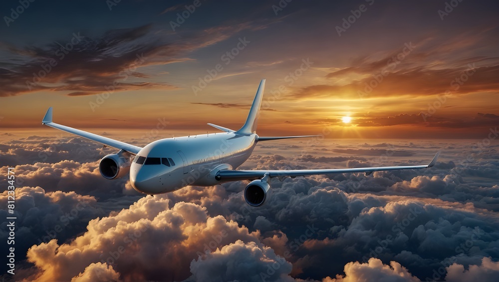 Commercial airplane flying above dramatic clouds during sunset. Commercial airplane flying above dramatic clouds during sunset.