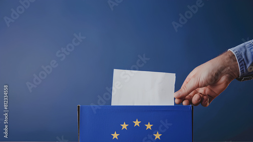 Voting for the European Union election, a hand putting a ballot paper into a ballot box on a blue background with copy space