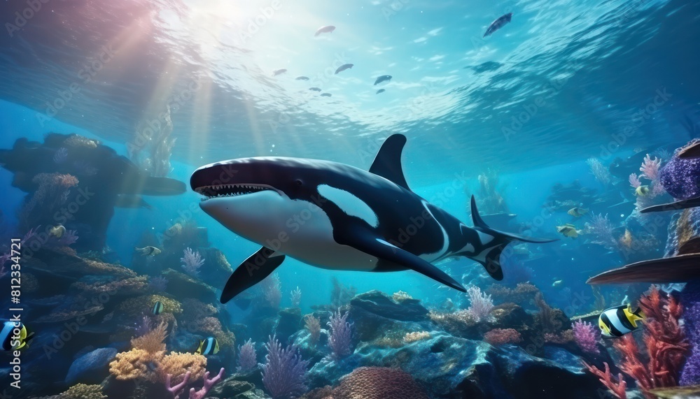 Fototapeta premium The Orcinus Orca in the ocean, portrait of Orca hunting prey in the underwater