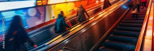 Dynamic image of people descending on an escalator with intentional motion blur creating a sense of urgency