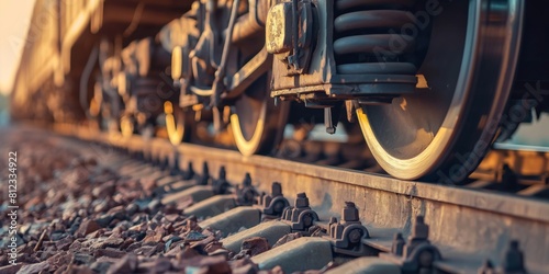 Detailed shot of a train's wheels and suspension on railway tracks with rust and pebbles