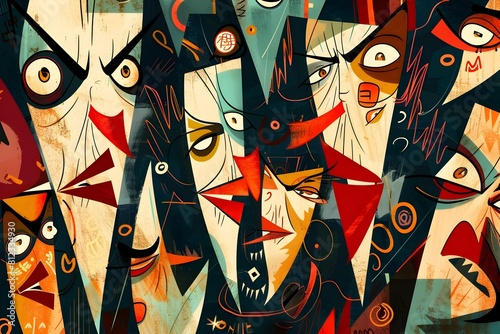 Expressive and Dynamic Cartoon Faces Immersed in a Shadowy Realm of Abstract Shapes and Patterns Evoking the Aesthetic of Japanese Ukiyo e Prints