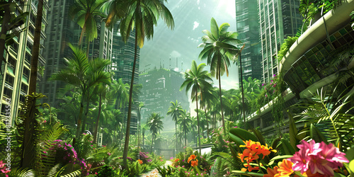 Jade Jungle: A tropical cityscape surrounded by a lush, green jungle, with tall palm trees swaying in the breeze and colorful flowers blooming along the walkways.