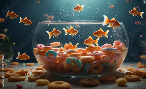 Goldfish swimming in the water with colorful candies and cereals photo