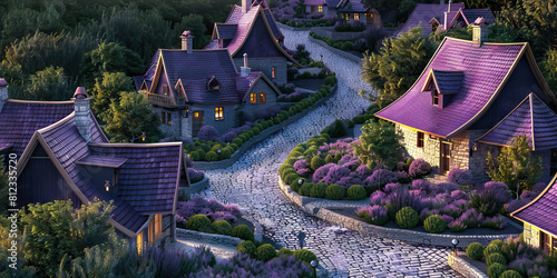 Violet Villages: A small, quaint town nestled in the foothills, with purple-roofed houses and winding cobblestone streets.