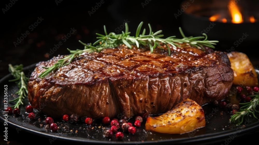 Grilled steak with melted barbeque sauce on a black and blurry background Grilled steak with melted barbeque sauce on a black and blurry background