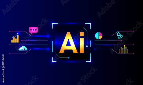 Artificial intelligence concept. Brain circuit board technology with icons such as laptop, bank, searching, data chat and music on blue background. Innovation and idea.