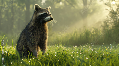 Raccoon standing alert in a meadow