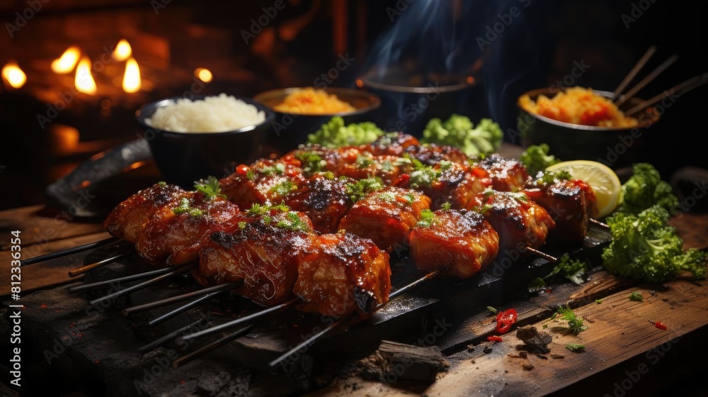 Delicious grilled yakitori with vegetable toppings, blur background Delicious grilled yakitori with vegetable toppings, blur background