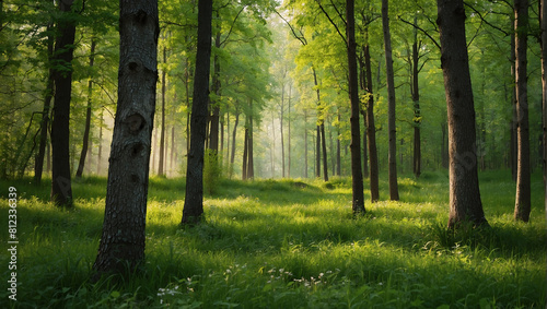  lush green forest with tall trees and bright green grass