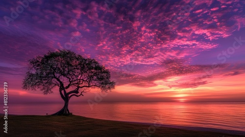 Silhouette of a tree and a person standing against the background of a red and purple sky at sunset.