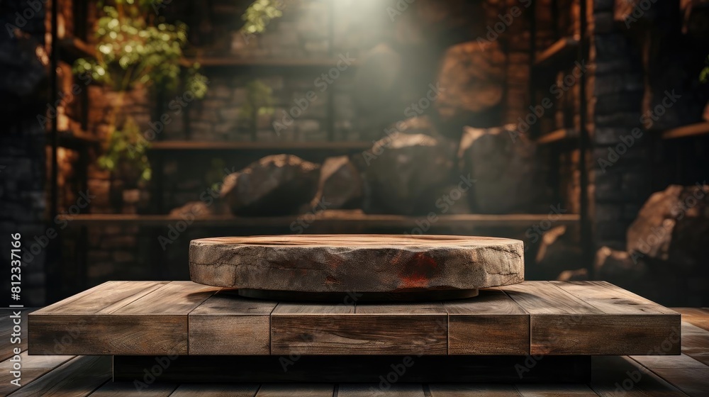 3d wood podium product stand or display with cinematic light and cinematic background, front view 3d wood podium product stand or display with cinematic light and cinematic background, front view