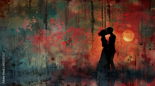 Digital art of a romantic moment amidst a world filled with zombies, capturing the essence of love in a modern abstract style.