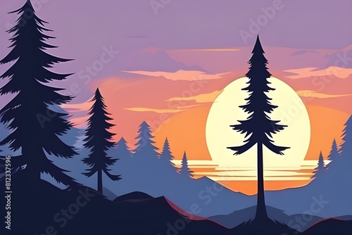 Forest landscape trees silhouettes with sunset on background. T-shirt or poster design illustration.