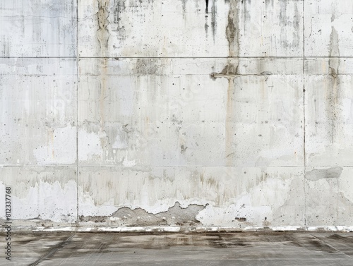 The photo shows a dirty and worn concrete wall with water stains