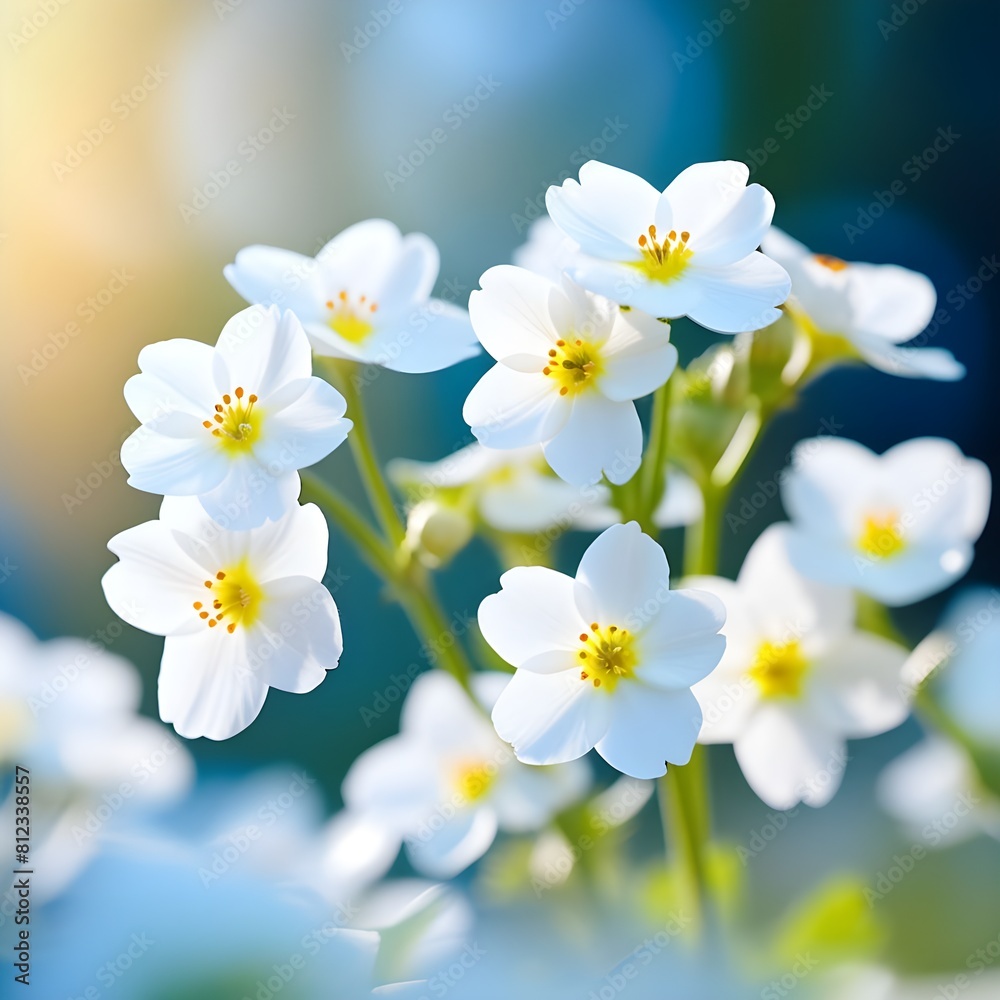 Spring forest white flowers primroses on a beautiful blue background macro. Blurred gentle sky-blue background. Floral nature background, free space for text. Romantic soft gentle artistic image Spring forest white flowers primroses on a beautiful blue background macro. Blurred gentle sky-blue background. Floral nature background, free space for text. Romantic soft gentle artistic image