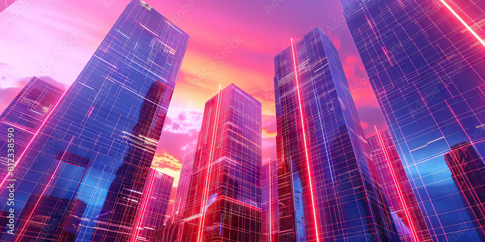 Electric Skyline: Vibrant neon buildings against a twilight sky, reflecting off the glass and metal of the cityscape Electric Skyline: Vibrant neon buildings against a twilight sky, reflecting off the glass and metal of the cityscape