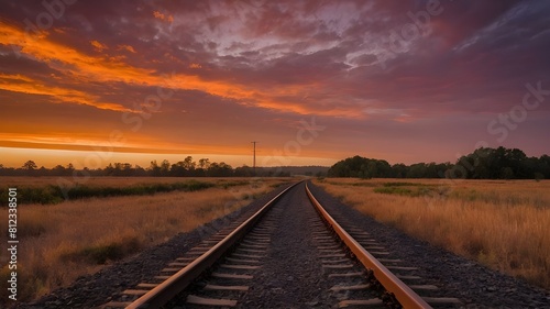 A railway track stretching endlessly into the horizon during a vibrant sunset