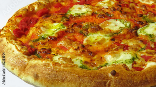 Delicious cheese, basil and tomato pizza is a high calorie food