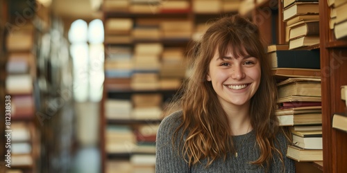 Cheerful young woman with long hair, wearing a sweater, surrounded by piles of books in a cozy library setting
