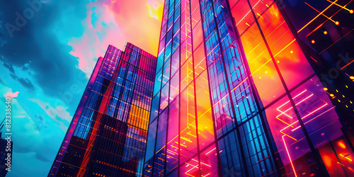 Electric Skyline  Vibrant neon buildings against a twilight sky  reflecting off the glass and metal of the cityscape
