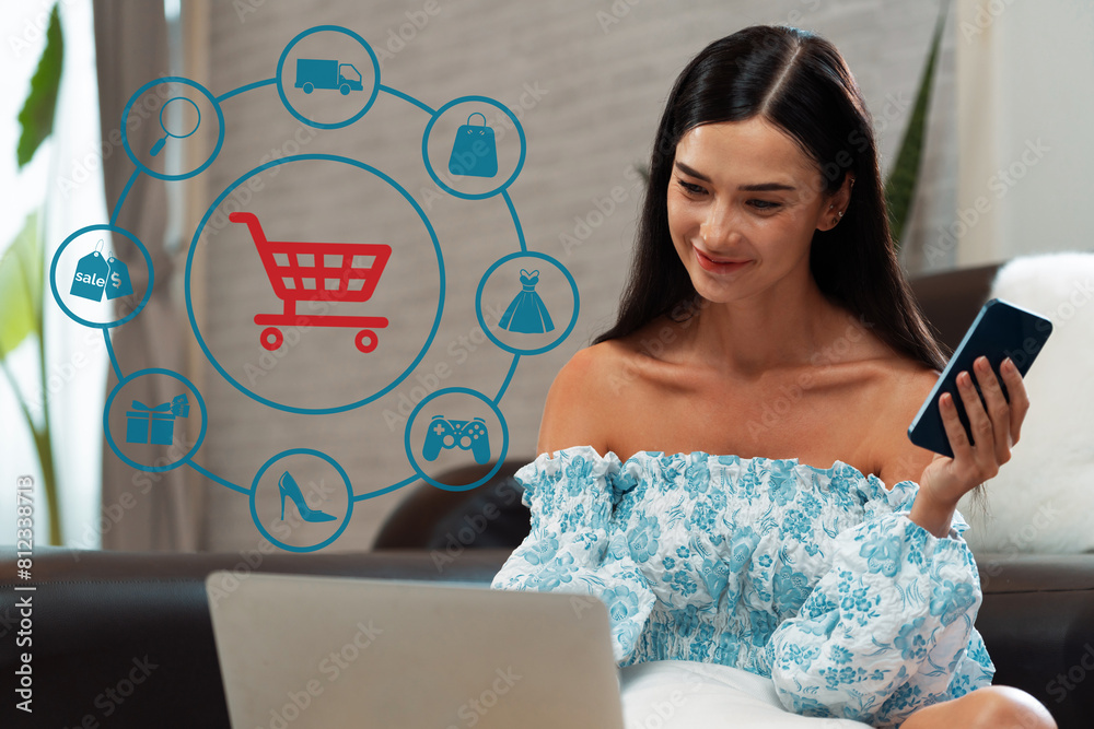 Elegant customer wearing blue dress controlling device choosing online ...