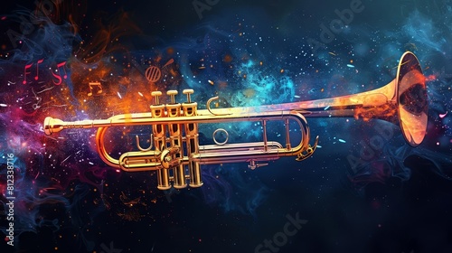 Imagine a jazz trumpets bell expelling a burst of colorful musical notes, set against a dark background with space for event details photo