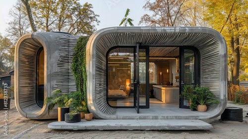 Imagine a largescale 3D printer building a small house, highlighting the use of ecofriendly concrete materials