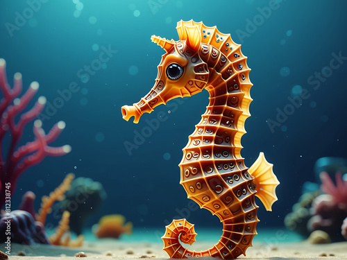 a cute adorable seahorse character underwater in the style of children-friendly cartoon animation fantasy generative ai 3D style Illustration