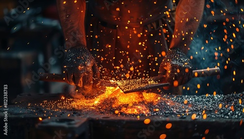 Imagine a medieval blacksmith forging a suit of armor in a fiery forge, hammering out each piece with skill and precision photo
